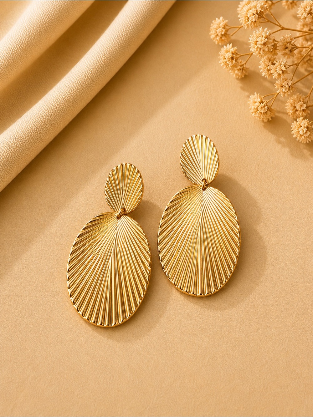Gold Oval Textured Drop Earrings - Women Jewelry